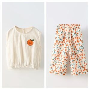 Zara Muslin Top & Textured Orange Print Pants